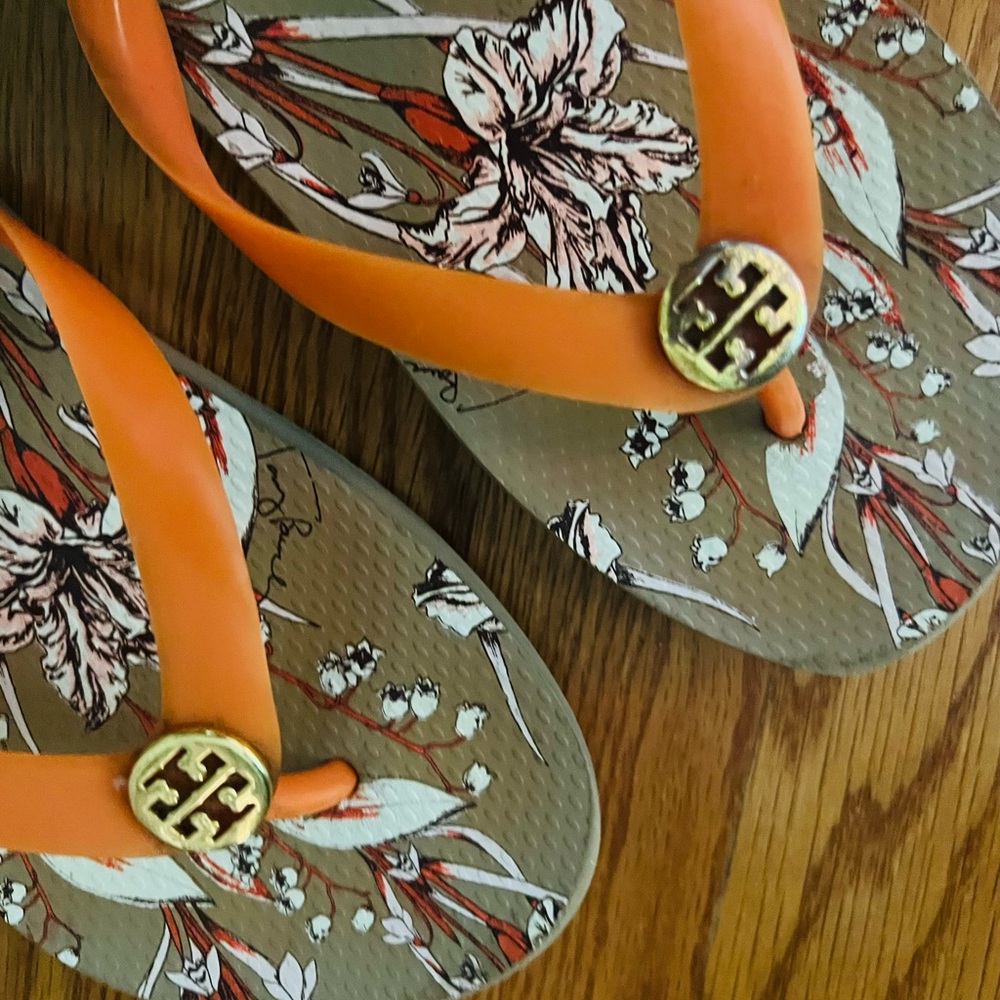 Tory Burch Orange and Tan Floral Sandals